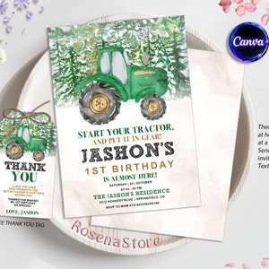 Green Tractor Birthday Party Invitation, Farm Tractors, Boy Barnyard Birthday Invitation, Digital Editable Printable