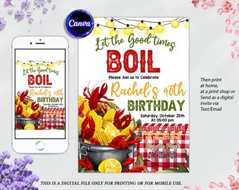 Seafood Birthday Invitation, Seafood Boil Party Invitation, Editable Crawfish Boil Party Invitation, Let The Good Times Boil, Canva Template
