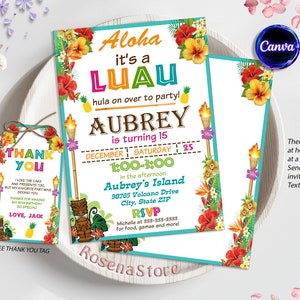 Bearbeitbare Luau-Einladung, Luau-Geburtstagseinladungen, Luau-Partyeinladungen, Hawaiianische Luau-Party einladen, Tropisches Thema, Kindereinladung