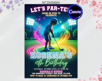 Mini Golf Birthday Invitation, Glow Golf Party, Editable Canva Template, Kids Sports Birthday, Golf Party Invite, Instant Download