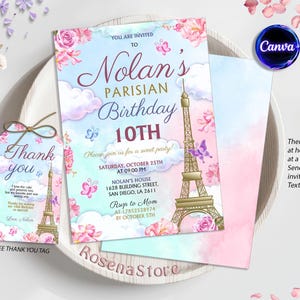 Invitación a fiesta de cumpleaños en París, invitaciones a fiesta de cumpleaños francesa, Torre Eiffel, café parisino, imprimible y editable digitalmente