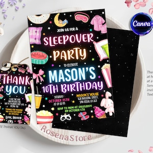 Sleepover Birthday Invitation, Neon Sleepover Invitation, Slumber Party, Pajama Party, Neon Light Invitation, Editable Canva Template