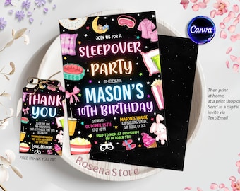 Sleepover Birthday Invitation, Neon Sleepover Invitation, Slumber Party, Pajama Party, Neon Light Invitation, Editable Canva Template