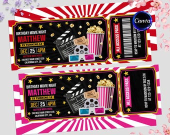 Movie Ticket Invitation, Movie Birthday Party Invitation, Movie Night Invitation, Any Age, Cinema Ticket Invitation, Instant Download