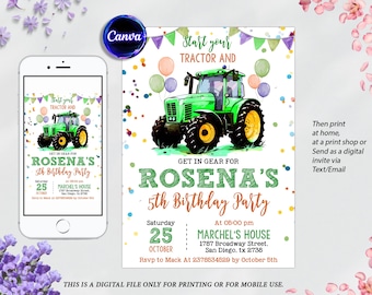 Green Tractor Birthday Invitation: Farm Theme (Digital Download)