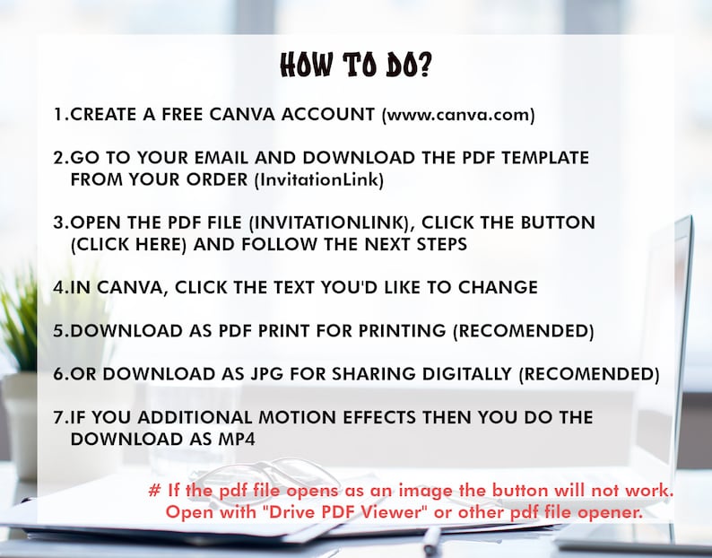Op de afbeelding: Een witte achtergrond met zwarte tekst die uitlegt hoe je een Canva-account kunt maken en een PDF-sjabloon kunt downloaden. De tekst bevat het websiteadres www.canva.com en de zin "InvitationLink".