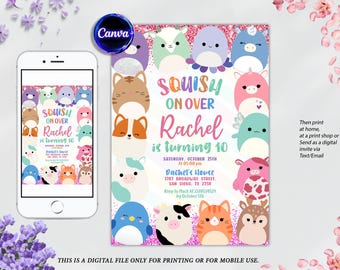 Squishmallow Birthday Invitation, Squish Birthday Party, Squishy Party Invite, Any Age Birthday Invite, Editable Canva Template