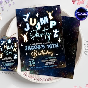 Jump Birthday Invitation, Trampoline Park Birthday Invitation, Trampoline Invitation, Jump Party Invitation, Neon Glow Galaxy Invite