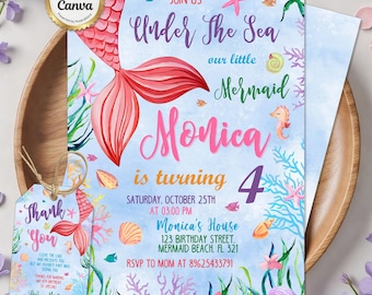 Mermaid Birthday Invitation, Under the Sea Party Invite, Pink Purple Girl Invitation, Ocean Animal, Editable Canva Template