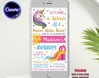 May include: A colorful phone invitation for a 5th birthday party. The invitation features a unicorn, a water slide, and the text "Let's make a splash at a water slide bash!"  Join us to celebrating Madison's 5th birthday!  Saturday, August 25th at 3:00 PM. Madison's House, 1341 Unicorn Street, Melbourne, AU 2451. RSVP to Mack at 268391451231. Don't forget your swimsuit & towel!  Included: 1080 x 1920 pixel phone invitation.