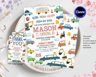 Transportation Invitation, Transportation Vehicle Birthday Invite, Honk, Beep, Choo Choo Train, Truck Birthday Invitation, Cars Party Invite