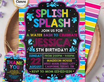 Splish Splash Birthday Invitation, Water Bash Pool Party (Digital File)