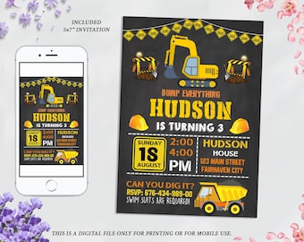 Construction Birthday Party Invitation, Dump Truck Party Invite, Construction, Construction Party Invitation