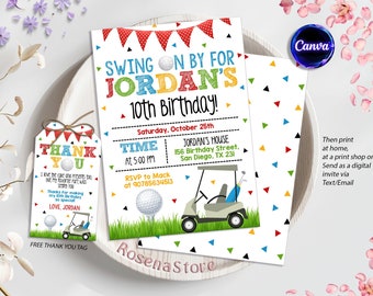 May include: A colorful invitation for a 10th birthday party with a golf cart and golf balls. The invitation says "Swing on by for Jordan's 10th Birthday!" and includes the date, time, and location of the party. A matching thank you tag is also included.