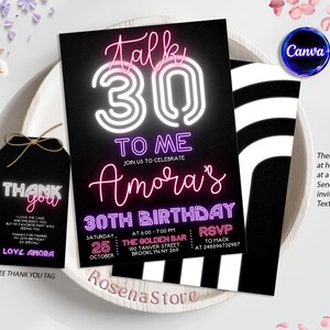 Neon 30th Invitation, 30th Birthday Invitation, Talk Thirty to Me, 30th Birthday Invitation, Editable Invitation, Thirty Birthday Invite