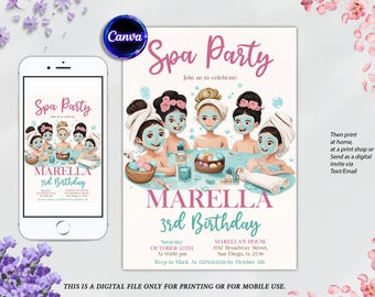Spa Party Birthday Invitation, Pamper Birthday Party Invitation, Tween Birthday Spa Party Invite, Editable Spa Party Invitation, Glam Party