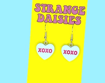 Conversation Hearts Earrings - XOXO - Light Blue - Valentines Day Food Lolly Candy Gift