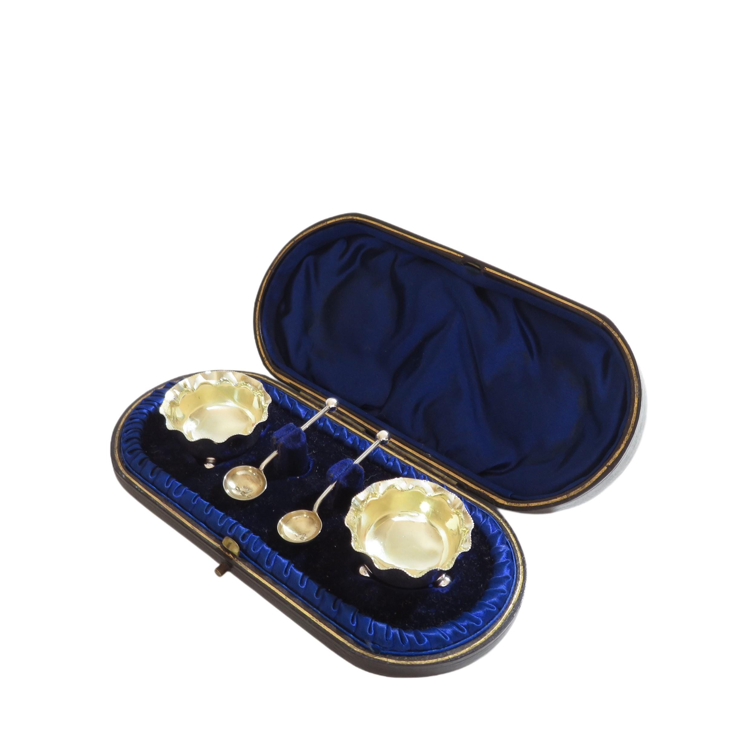 Pair of Antique Victorian Sterling Silver Salts & Spoons in Case 1897