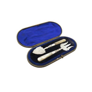 Antique Edwardian Sterling Silver & Mother of Pearl Jam Spoon and Bread Fork 1902