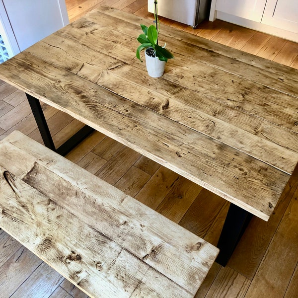 Rustic Dining Table and Bench made from Reclaimed Wood with Metal Box Legs