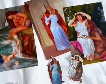 Sapphic Lovers Geschichtsdrucke und Aufkleber Set – Lesbische Illustrationen klassischer romantischer Malereien