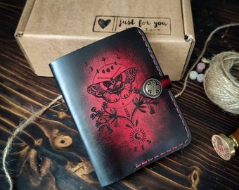 Moth leather wallet, bifold, handmade, steampunk red wallet, women wallet