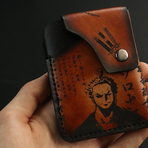 samurai, fan art, anime gift, handmade, anime wallet, Pirate Hunter ,leather wallet, Japanese design, Three Sword Style, minimalist wallet