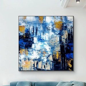 Art abstrait peint à la main en bleu et or, peinture sur toile bleue et feuille d&#39;or, décoration murale bleue moderne pour le salon, toile d&#39;art dorée