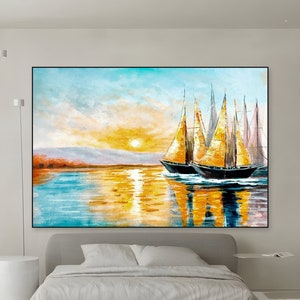 Original Abstract Nautical Sailboat Oil Painting, Original Sailboat Harbor Acrylic Painting, Handmade Nautical Art on Canvas, Large Sailboat