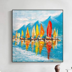 Gold and Silver Sailboats Canvas Wall Art, Large Abstract Sailboat Oil Painting on Canvas, Original Modern Nautical Wall Art for Living Room