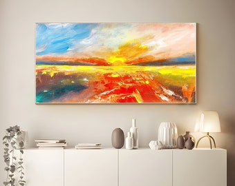 Christmas Decor Original Sunset Mountain Painting on Canvas, Sunrise Painting, Living Room wall Art Natural Scenery Painting Fashion Decor