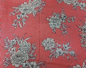 Rayon Silk Print Flower Stripe Red/ Ivory, 52/54" Wide Fabric - 1 Yards