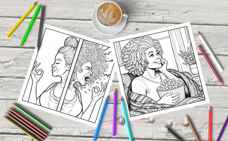May include: Two black and white coloring pages featuring a woman with curly hair. The first page shows the woman in two poses, one with her eyes closed and hands in a relaxed position, the other with her mouth open and eyes wide. The second page shows the woman sitting on a couch, holding a bowl of popcorn and looking at a television.