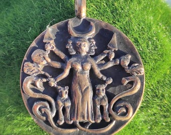 Hecate Goddess Pendant, Bronze Greek Mythology Moon Necklace, Necromancy Magic Silver Hekate Statue