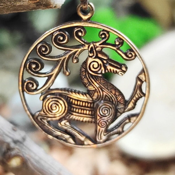 Scythian Stag Pendant, Wild Stag Animal Totem, Scythian Pagan Amulet, Bronze\Silver Female Necklace Horned Stag, Golden Stag God Amulet