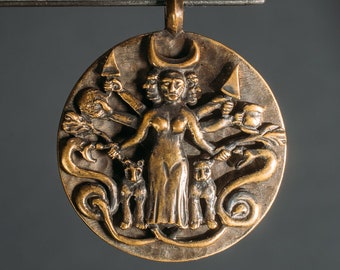 Hecate Goddess Necklace, Neopagan Greek Mythology Hecate Charm, Bronze\Silver Necromancy Magic Rituals Pendant Moon Triple Goddess Hekate