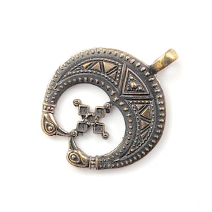Crescent Moon Necklace with Cross and Swan Heads, Female Pagan Double Horn Lunula Amulet, Ukraine Moon Pendant, Mother Protective Lunula