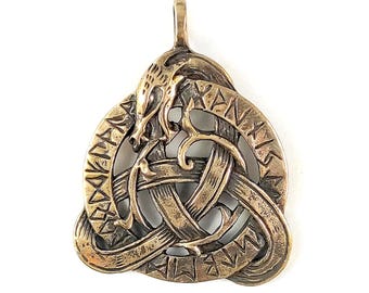 Viking Jormungandr Bronze Pendant – Norse Serpent Necklace, Pagan Runic Amulet Jewelry