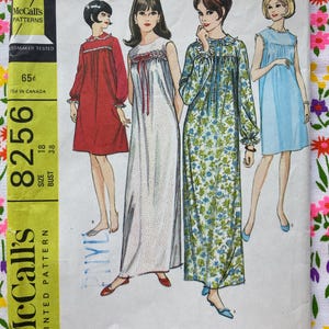 May include: A vintage McCall's 8256 sewing pattern envelope for a nightgown in two lengths. The cover features illustrations of four different nightgown styles in red, white, floral, and light blue, with text including 65 cents and size 18.