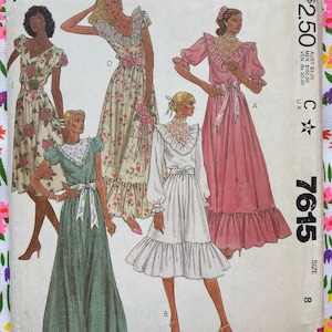 May include: A McCall's 7615 sewing pattern envelope for size 8, featuring illustrations of five different dress styles. The designs include various lengths, ruffled necklines, lace accents, waist ties, and puff sleeves in floral and solid colors.