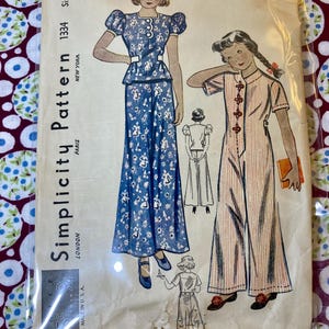 1930s B:30in Simplicity 1334, Kids Size 12 Pajama Pattern, 1930s Sewing Pattern