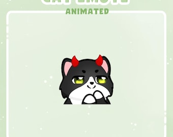 Puede incluir: Emoticono animado de gato con pelaje negro, pecho blanco y cuernos de diablo rojos. El gato tiene ojos verdes y mira hacia la derecha con una expresión traviesa.