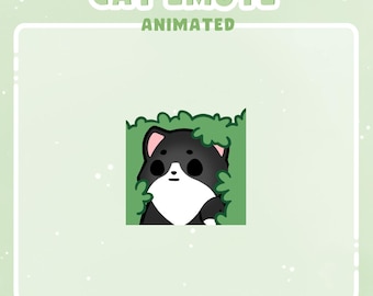 Puede incluir: Emoticono de gato animado con un gato blanco y negro asomándose a través de un follaje verde. El texto "CAT EMOTE" está en la parte superior, con "ANIMATED" debajo. El nombre del artista, "SEABIIART", está en la parte inferior.