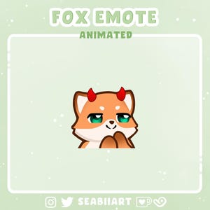 May include: Animated fox emote with red horns, green eyes, and a closed mouth smile. The fox is orange and white and is looking to the right. The background is a light green color.