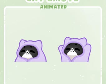 Puede incluir: Emoticono de gato animado con un suéter con capucha morado. El gato está mirando al espectador con los ojos cerrados y la boca ligeramente abierta. El gato lleva un suéter con capucha morado con un cuello blanco. El gato está sobre un fondo verde claro con puntos blancos.
