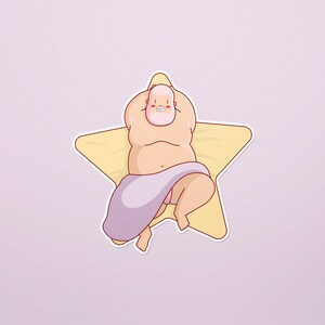 May include: A cartoon illustration of a person relaxing on a yellow star-shaped beach towel. The person is wearing a purple towel and has a pink face.