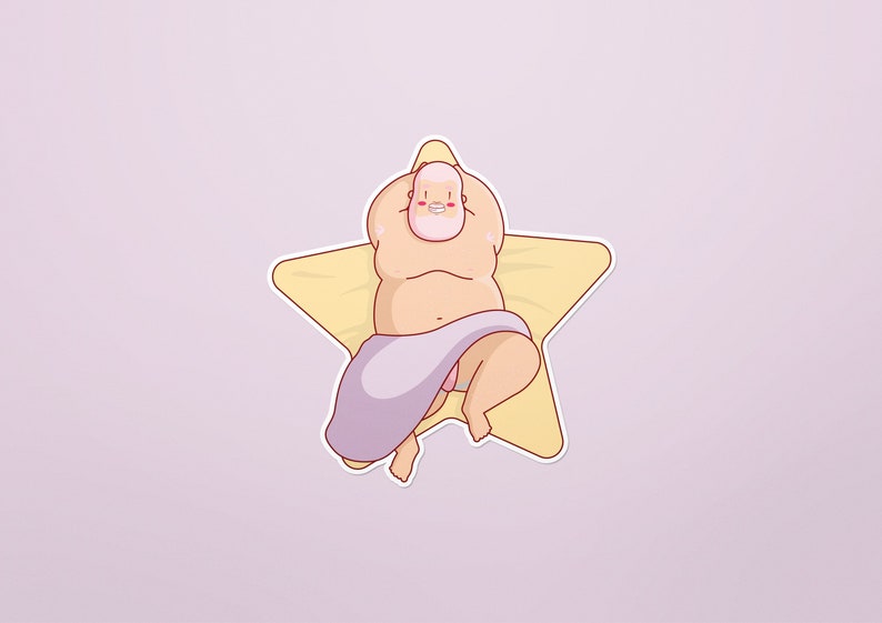 May include: A cartoon illustration of a person relaxing on a yellow star-shaped beach towel. The person is wearing a purple towel and has a pink face.