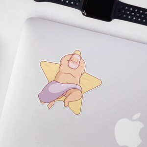 May include: A cartoon illustration of a person laying on a yellow star-shaped beach towel. The person is wearing a purple and pink towel wrapped around their waist.