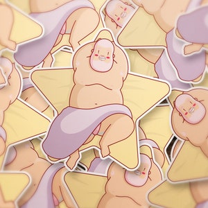 May include: A sticker featuring a cartoon illustration of a person with a beard and a pink blanket, lying on a yellow star. The sticker is repeated multiple times in the image.