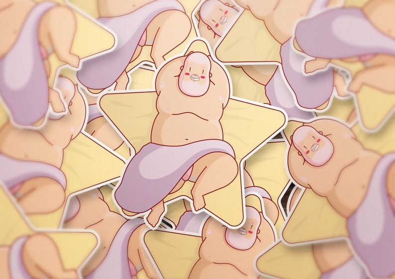 May include: A sticker featuring a cartoon illustration of a person with a beard and a pink blanket, lying on a yellow star. The sticker is repeated multiple times in the image.